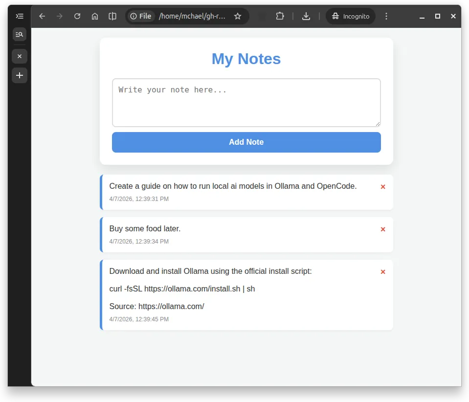 Note app working